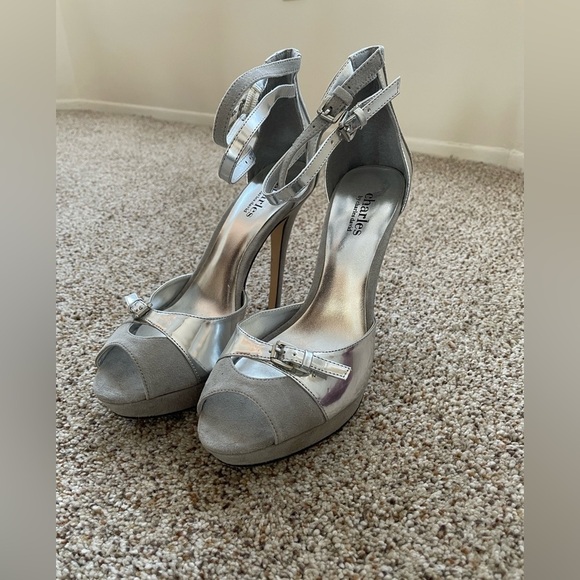 Charles By Charles David Platform Heeled Shoes Silver Gray Party Wedding Heels - Picture 5 of 10
